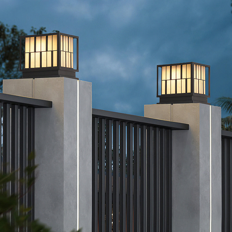 Metal Square Shape Solar Pillar Lamp Modern 1 Light Outdoor Lights in Black