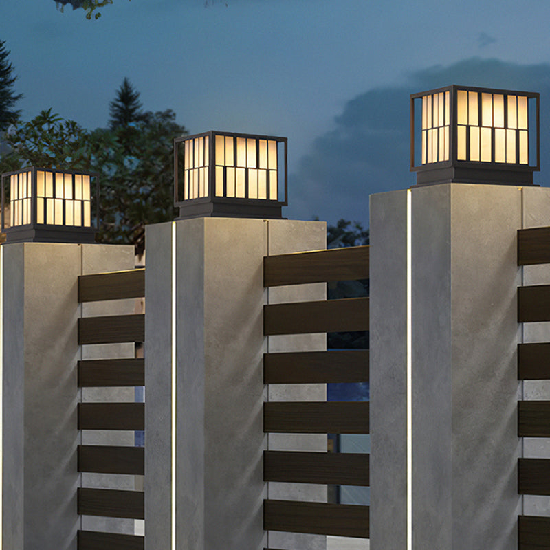 Metal Square Shape Solar Pillar Lamp Modern 1 Light Outdoor Lights in Black