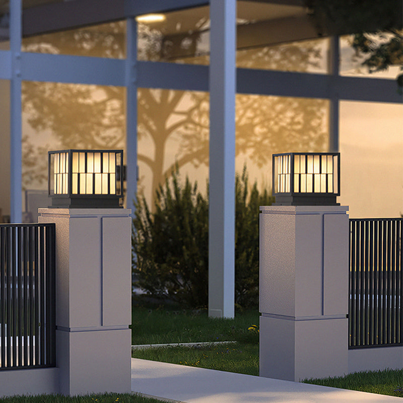 Metal Square Shape Solar Pillar Lamp Modern 1 Light Outdoor Lights in Black