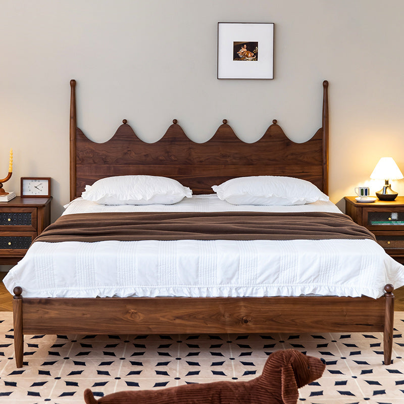 Mid-Century Modern Four Poster Bed Walnut Bed Frame with Headboard