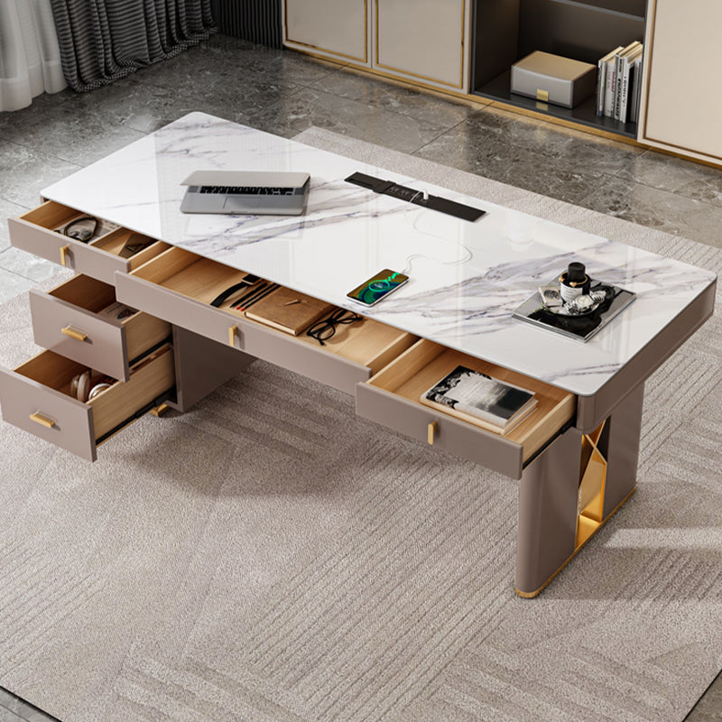 Modern Stone Office Desk Rectangular Shape Task Desk with 5-Drawers in Grey