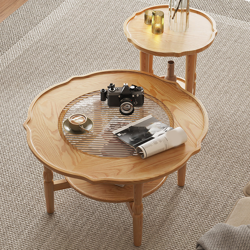 4 Legs Coffee Table No Distressing Solid Wood Coffee Table Set with Shelf