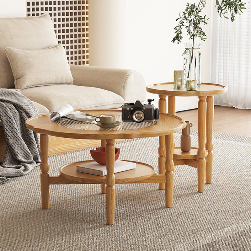 4 Legs Coffee Table No Distressing Solid Wood Coffee Table Set with Shelf