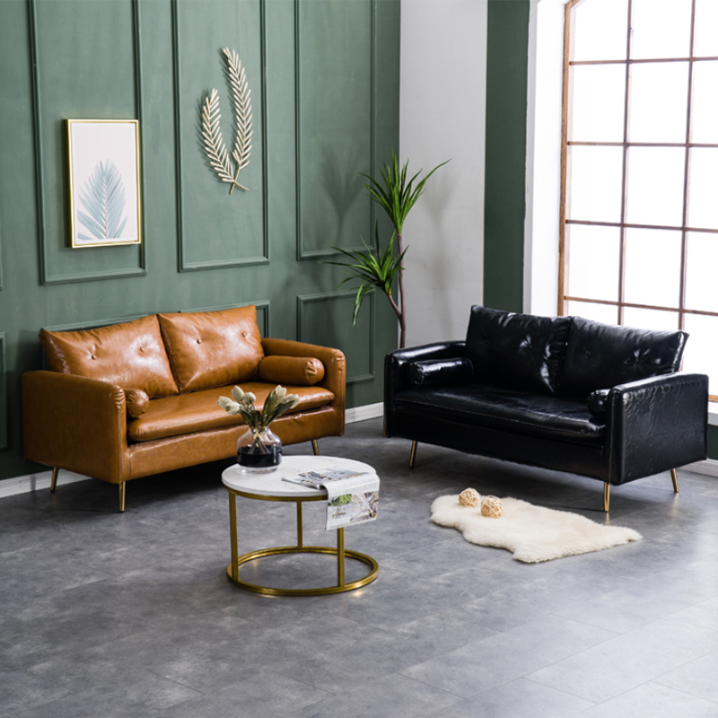 Glam Sofa with 2 Pillows Square Arm Faux Leather Living Room Seating