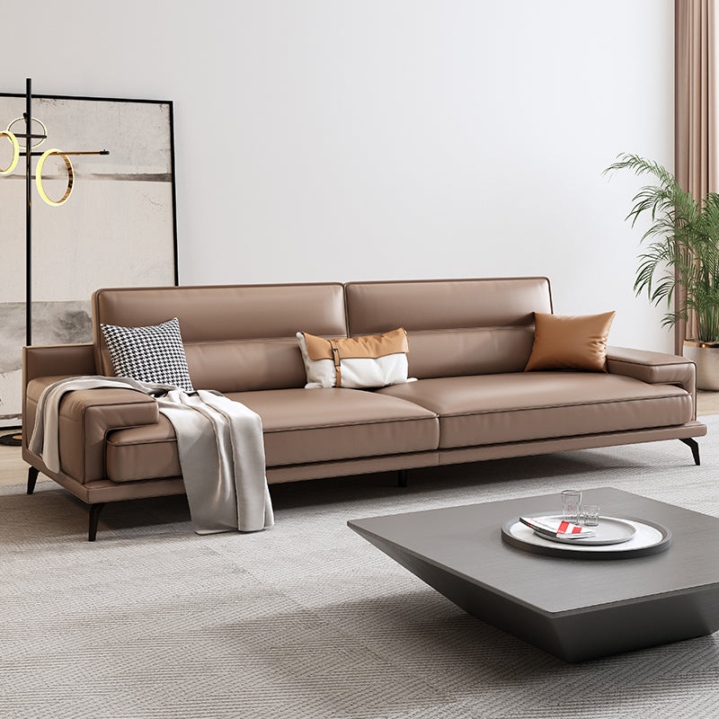 Modern Sewn Pillow Back Cushions Sofa Genuine Leather Square Arm Sofa in Brown
