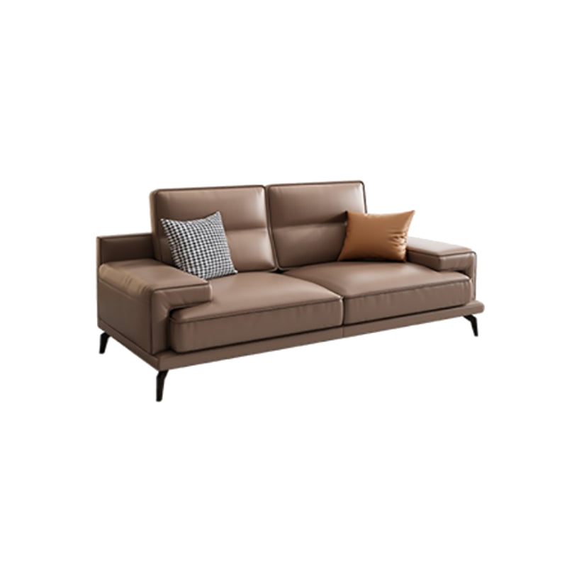 Modern Sewn Pillow Back Cushions Sofa Genuine Leather Square Arm Sofa in Brown