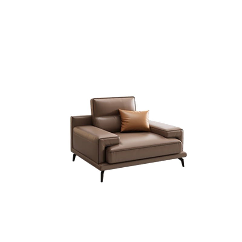 Modern Sewn Pillow Back Cushions Sofa Genuine Leather Square Arm Sofa in Brown