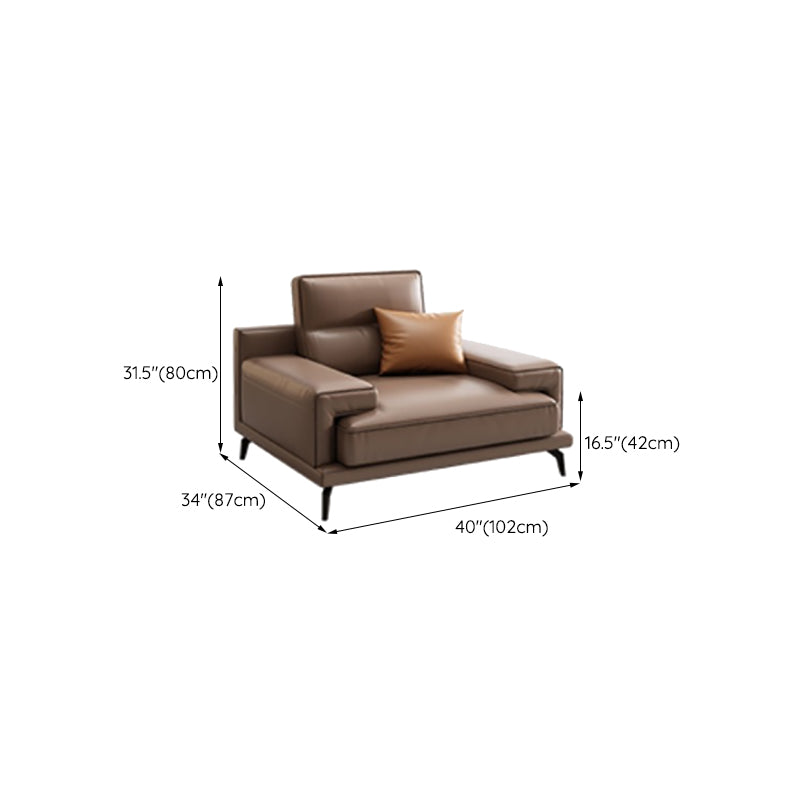 Modern Sewn Pillow Back Cushions Sofa Genuine Leather Square Arm Sofa in Brown