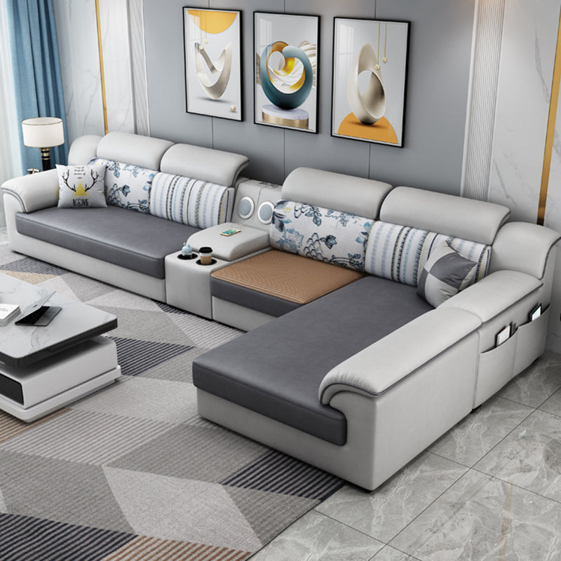 Gray Faux Leather Sectional L-shape Pillow Top Arm Sectional