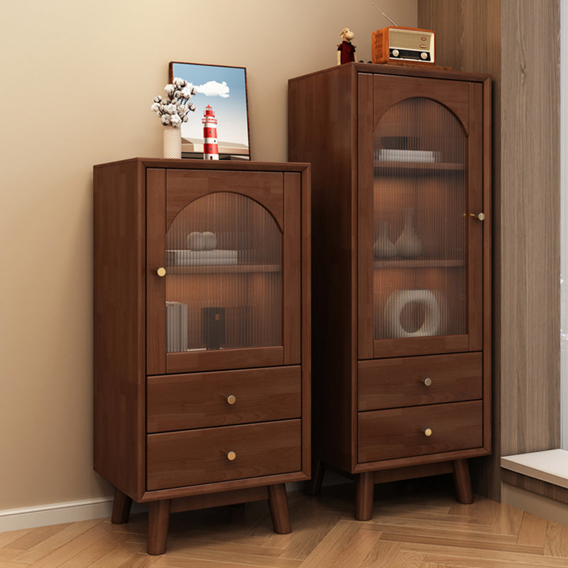 Mid Century Solid Wood 1-Door Cabinet Glass Paned Side Cabinet with 2-Drawer