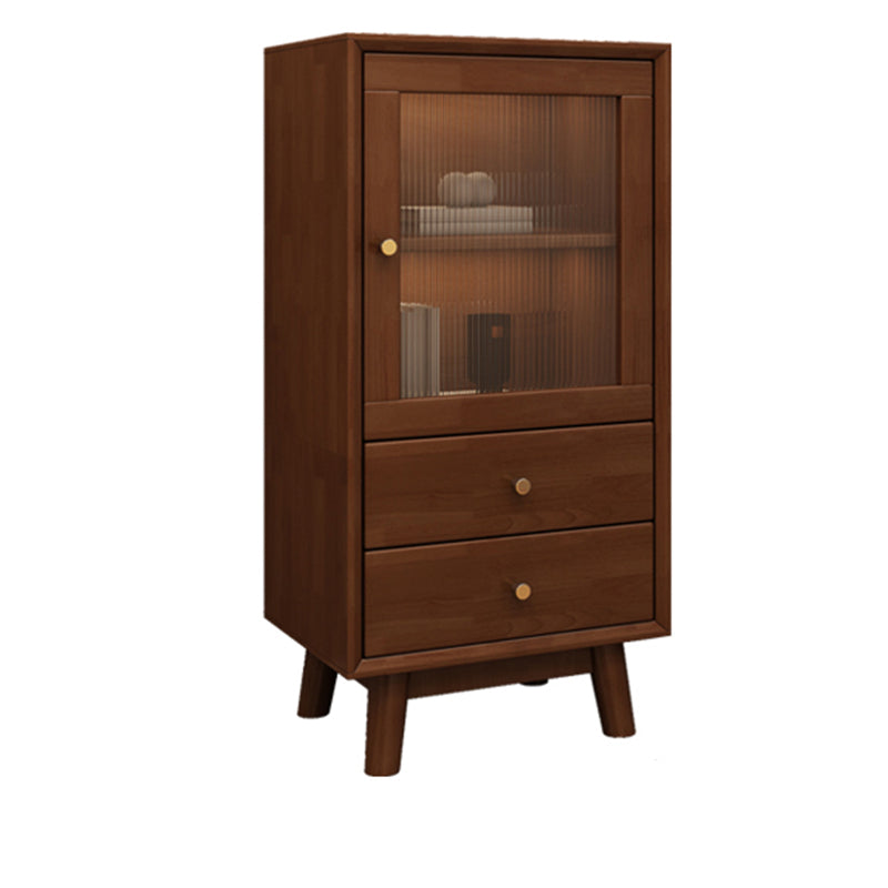 Mid Century Solid Wood 1-Door Cabinet Glass Paned Side Cabinet with 2-Drawer