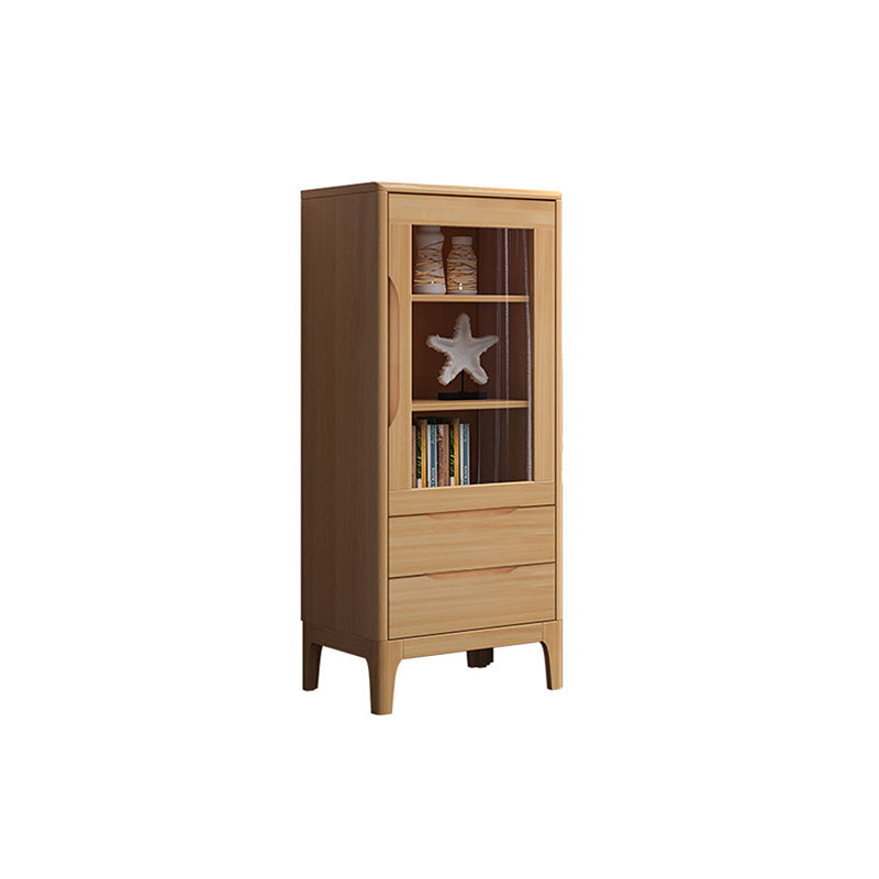 Mid Century Solid Wood 1-Door Cabinet Glass Paned Side Cabinet with 2-Drawer