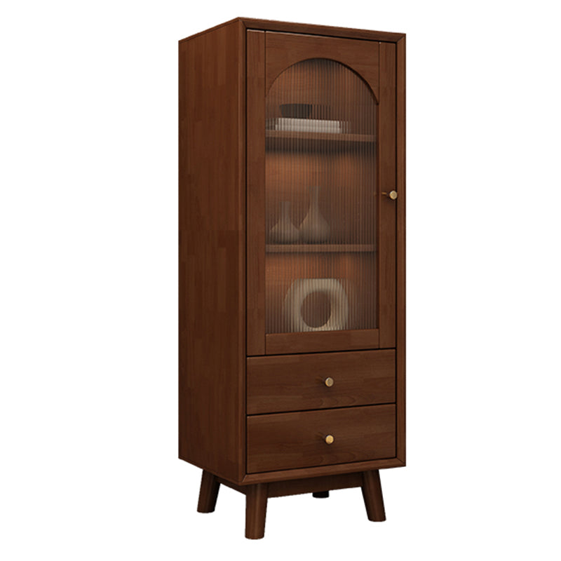 Mid Century Solid Wood 1-Door Cabinet Glass Paned Side Cabinet with 2-Drawer