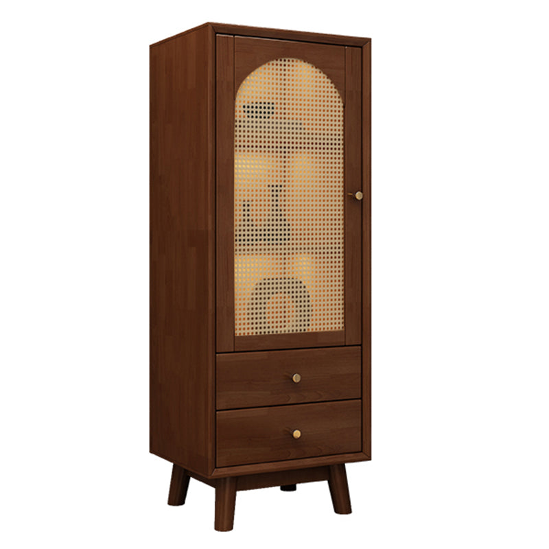 Mid Century Solid Wood 1-Door Cabinet Glass Paned Side Cabinet with 2-Drawer
