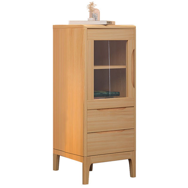 Mid Century Solid Wood 1-Door Cabinet Glass Paned Side Cabinet with 2-Drawer