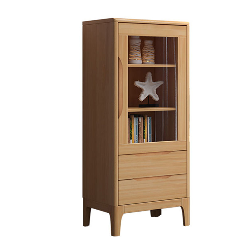 Mid Century Solid Wood 1-Door Cabinet Glass Paned Side Cabinet with 2-Drawer