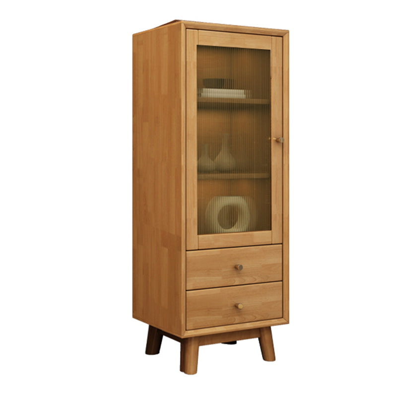Mid Century Solid Wood 1-Door Cabinet Glass Paned Side Cabinet with 2-Drawer