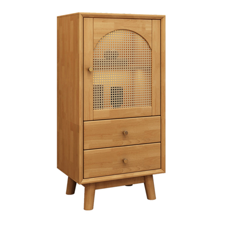 Mid Century Solid Wood 1-Door Cabinet Glass Paned Side Cabinet with 2-Drawer
