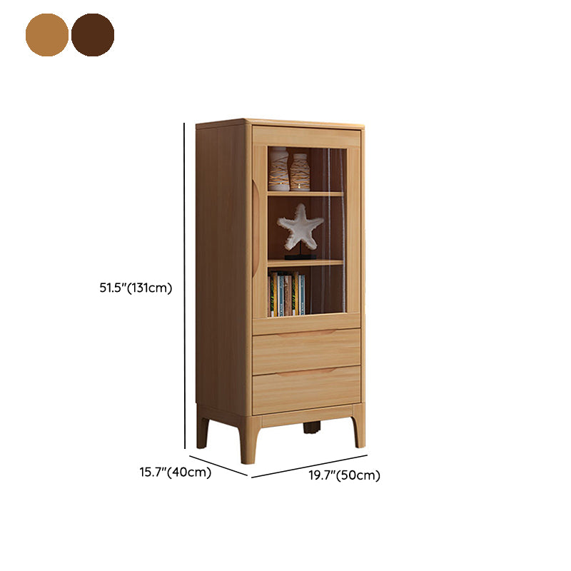Mid Century Solid Wood 1-Door Cabinet Glass Paned Side Cabinet with 2-Drawer