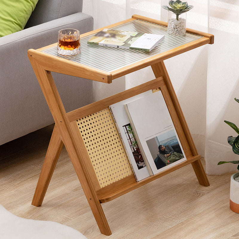 Asian Style Accent Side Table Wood and Glass with Storage and Shelf Corner Table