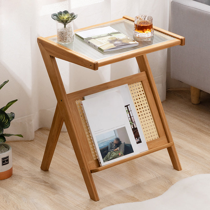 Asian Style Accent Side Table Wood and Glass with Storage and Shelf Corner Table