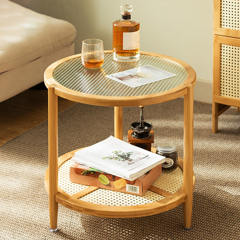 Asian Style Accent Side Table Wood and Glass with Storage and Shelf Corner Table