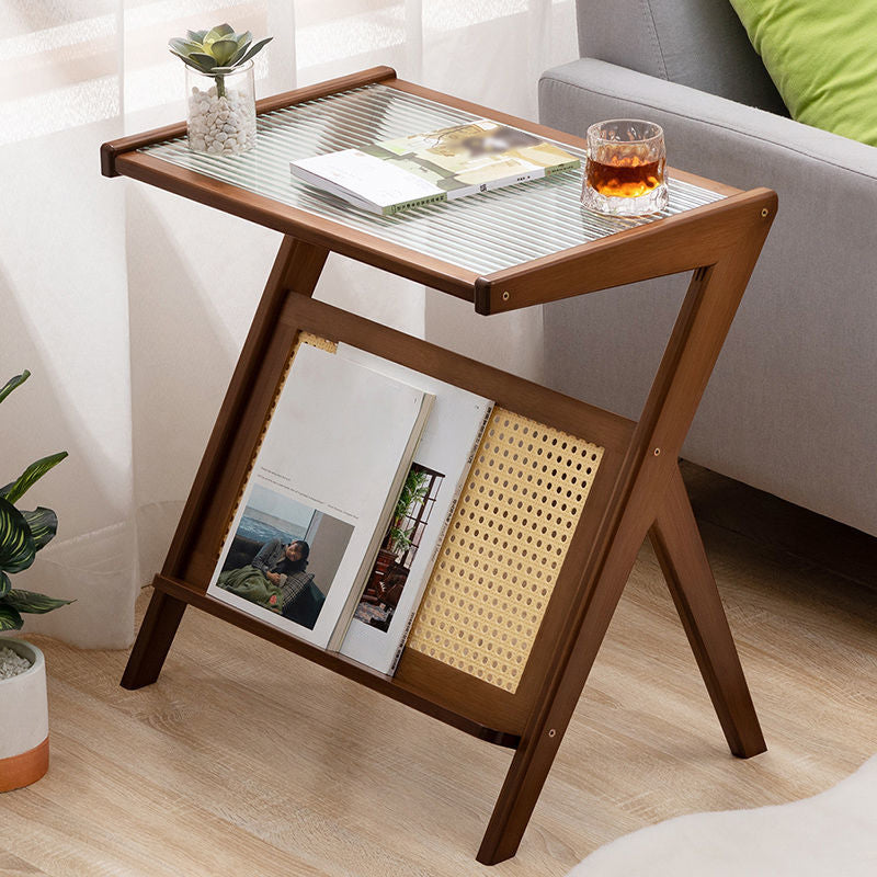 Asian Style Accent Side Table Wood and Glass with Storage and Shelf Corner Table