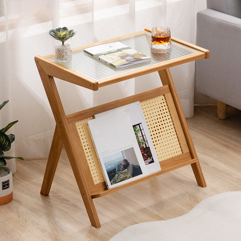 Asian Style Accent Side Table Wood and Glass with Storage and Shelf Corner Table