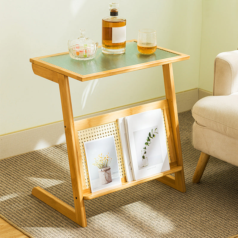 Asian Style Accent Side Table Wood and Glass with Storage and Shelf Corner Table