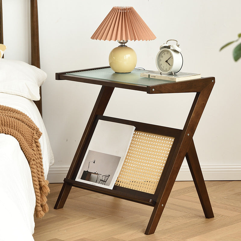 Asian Style Accent Side Table Wood and Glass with Storage and Shelf Corner Table