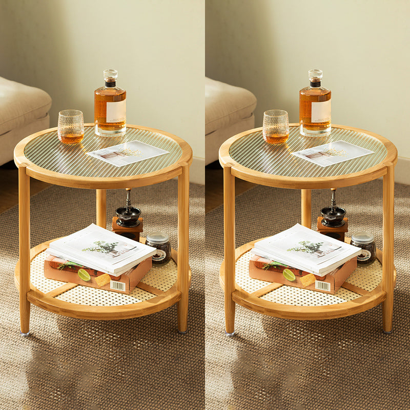 Asian Style Accent Side Table Wood and Glass with Storage and Shelf Corner Table