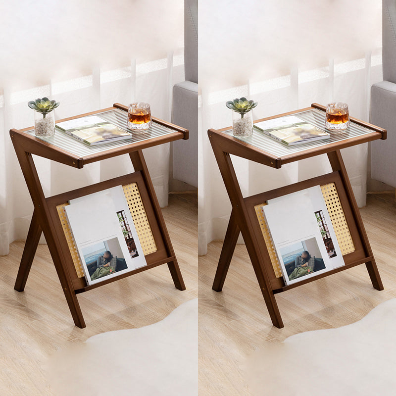 Asian Style Accent Side Table Wood and Glass with Storage and Shelf Corner Table