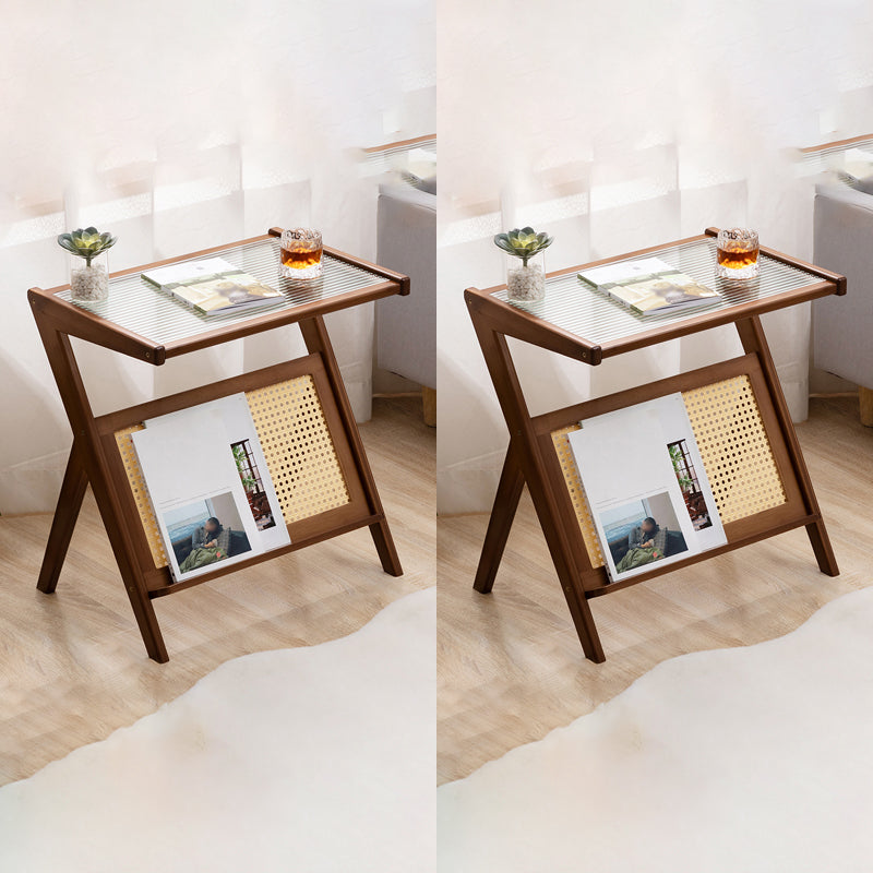 Asian Style Accent Side Table Wood and Glass with Storage and Shelf Corner Table