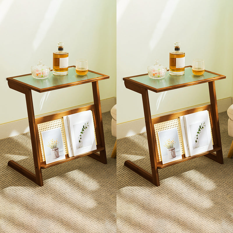 Asian Style Accent Side Table Wood and Glass with Storage and Shelf Corner Table