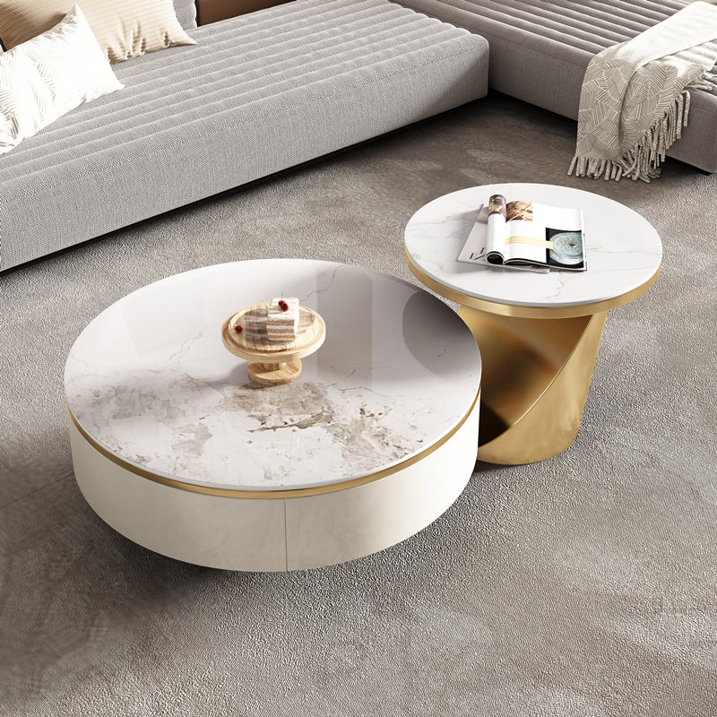Slate Glam Coffee Table Round Nesting Coffee Table Set with Drawer