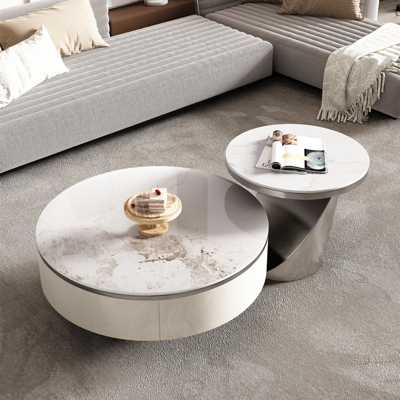 Slate Glam Coffee Table Round Nesting Coffee Table Set with Drawer