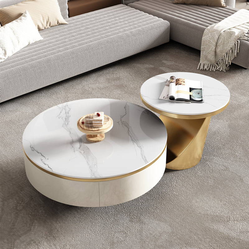 Slate Glam Coffee Table Round Nesting Coffee Table Set with Drawer