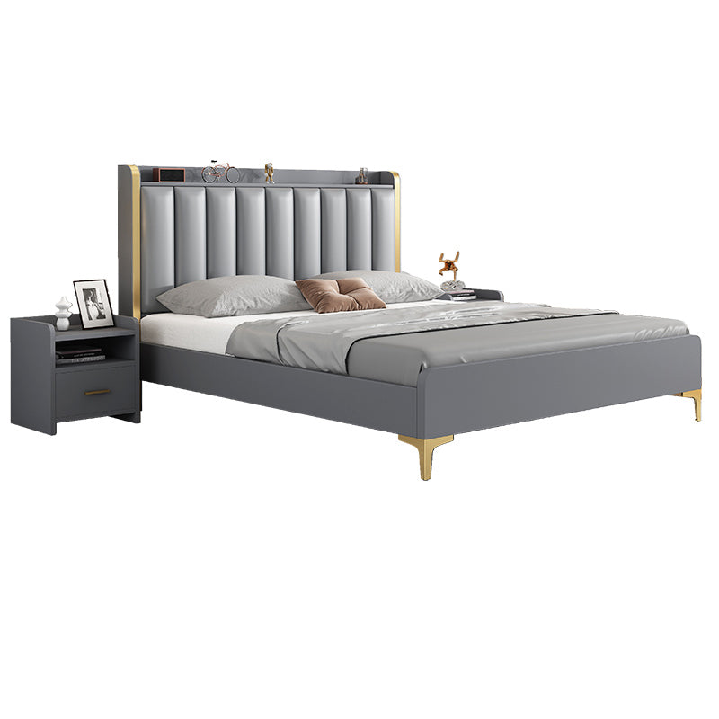 Modern Solid Wood Standard Bed Headboard Bed Frame with Golden Legs
