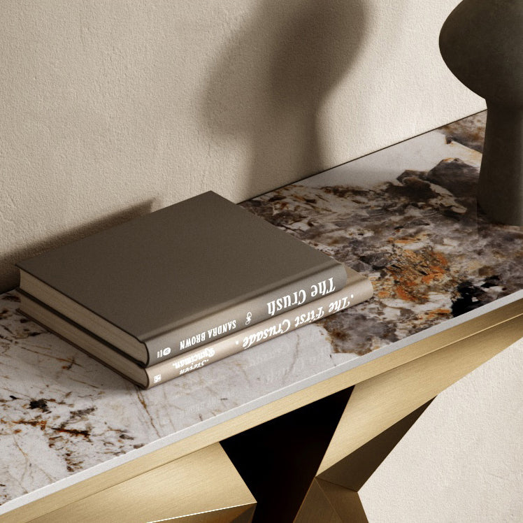 Stone Rectangle Console Table Glam 13.78" Wide Accent Table with Abstract Base