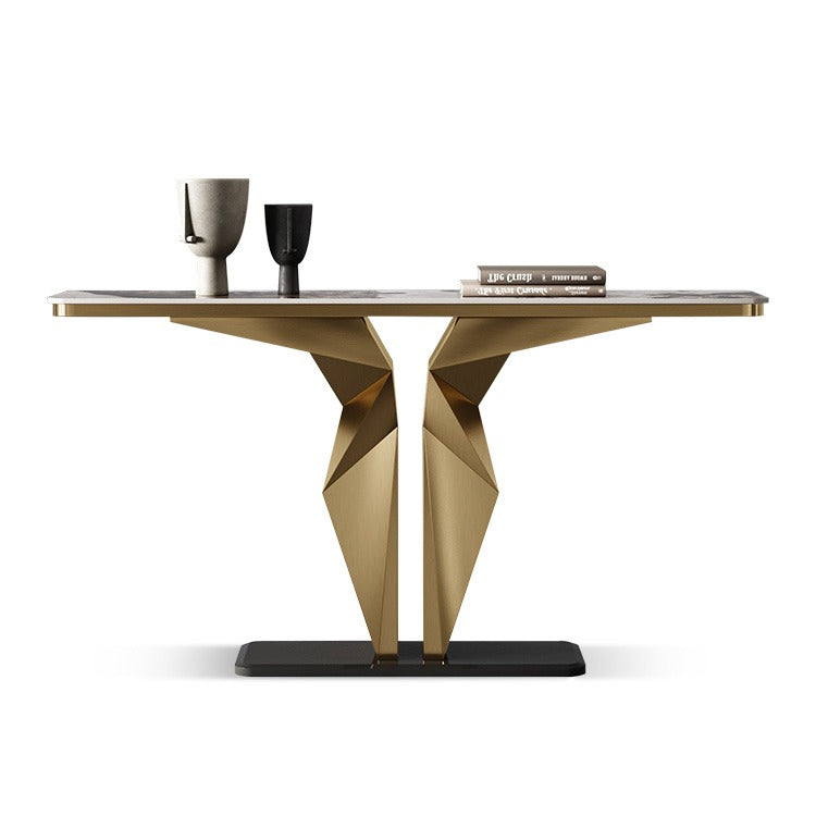 Stone Rectangle Console Table Glam 13.78" Wide Accent Table with Abstract Base