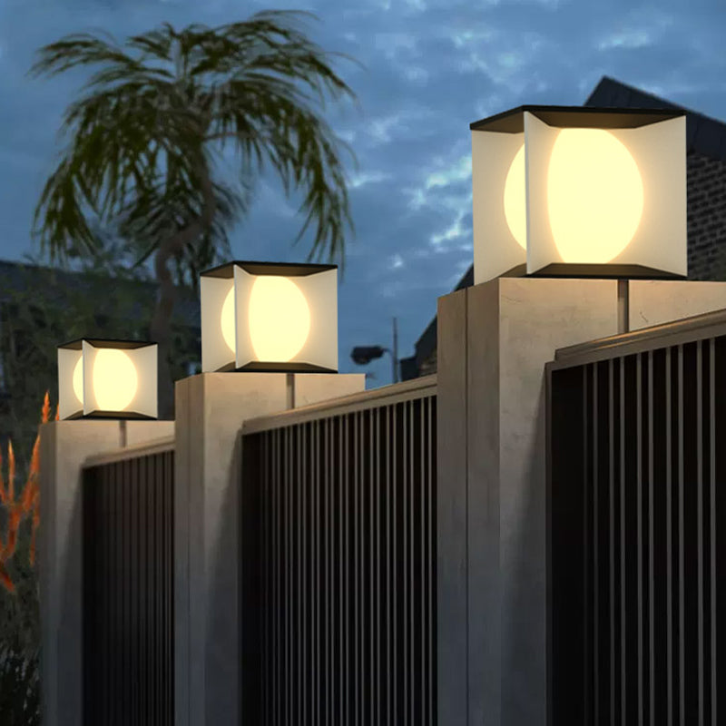 Metal Square Shape Solar Pillar Lamp Modern Style 1 Light Outdoor Lights in Black