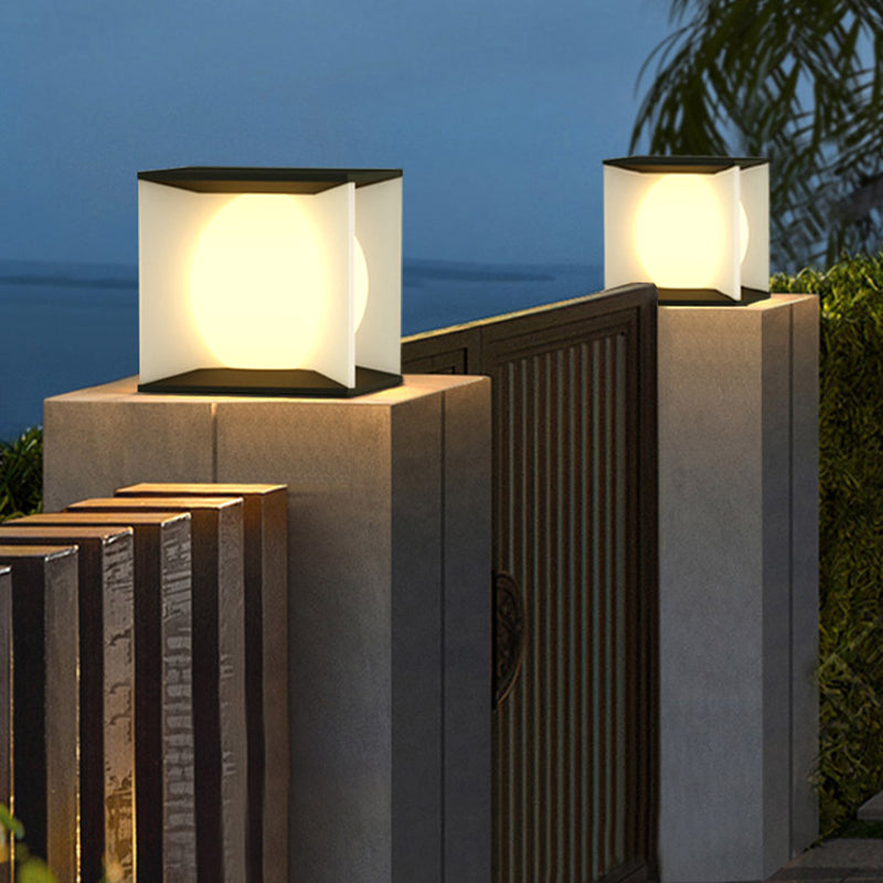 Metal Square Shape Solar Pillar Lamp Modern Style 1 Light Outdoor Lights in Black