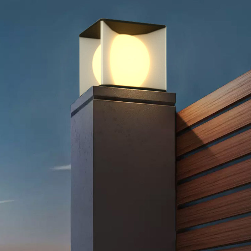 Metal Square Shape Solar Pillar Lamp Modern Style 1 Light Outdoor Lights in Black