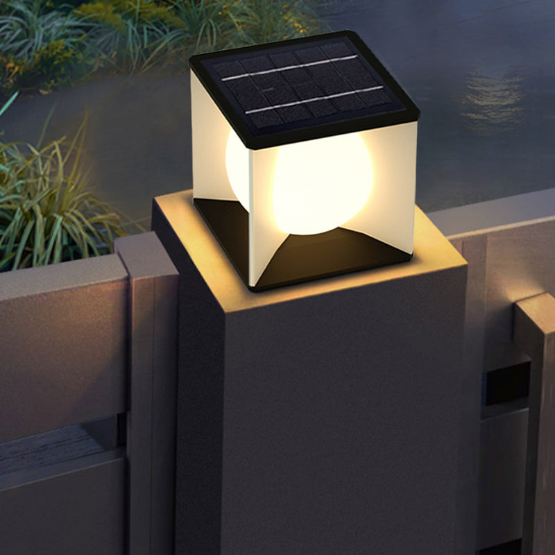 Metal Square Shape Solar Pillar Lamp Modern Style 1 Light Outdoor Lights in Black