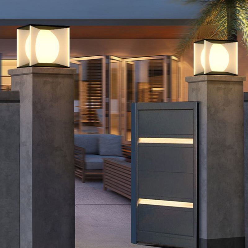 Metal Square Shape Solar Pillar Lamp Modern Style 1 Light Outdoor Lights in Black