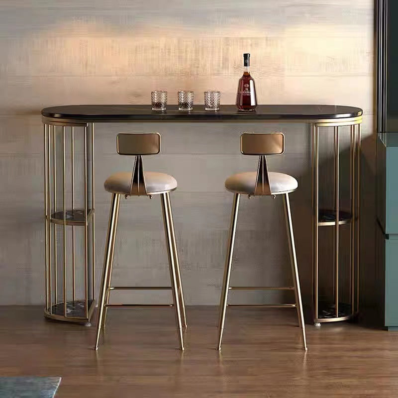 Glam Sintered Stone Bistro Bar Table Oval Metal Base Bar Table with Storage