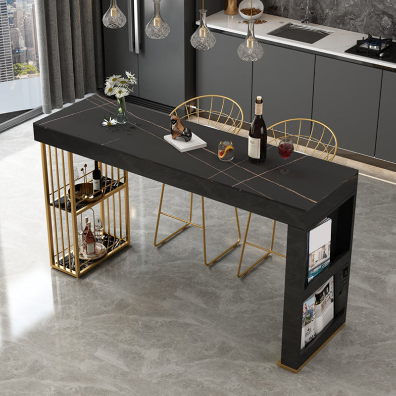 Glam Sintered Stone Bistro Bar Table Rectangle Metal Base Bar Table with Shelves