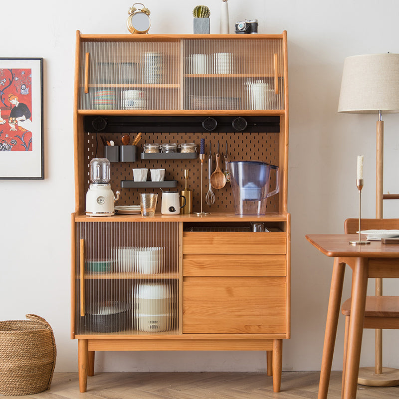 Modern Glass Doors Curio Cabinet Pine Dining Hutch with Drawers