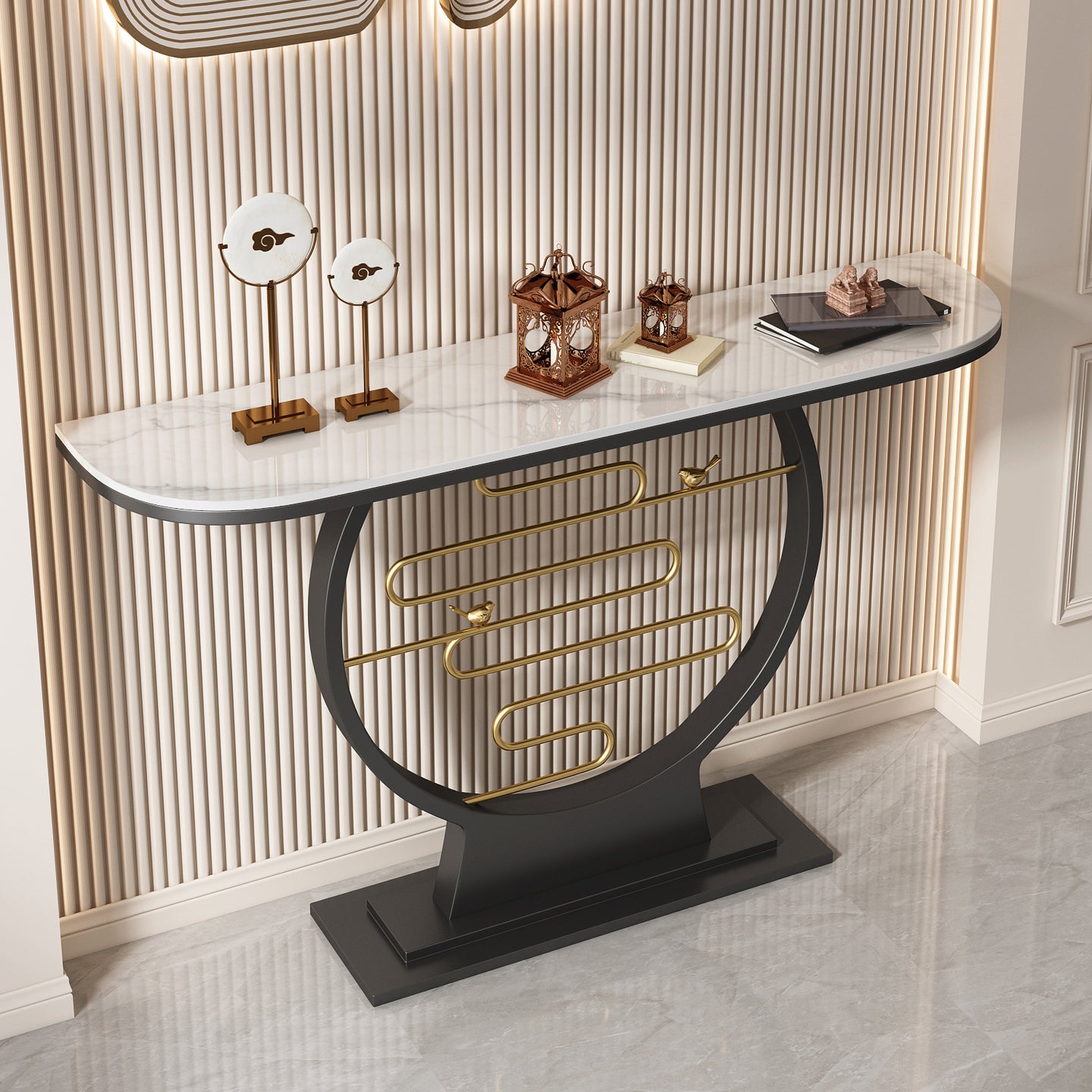 Glam Console Accent Table Antique Finish Sofa Console Table in Stone