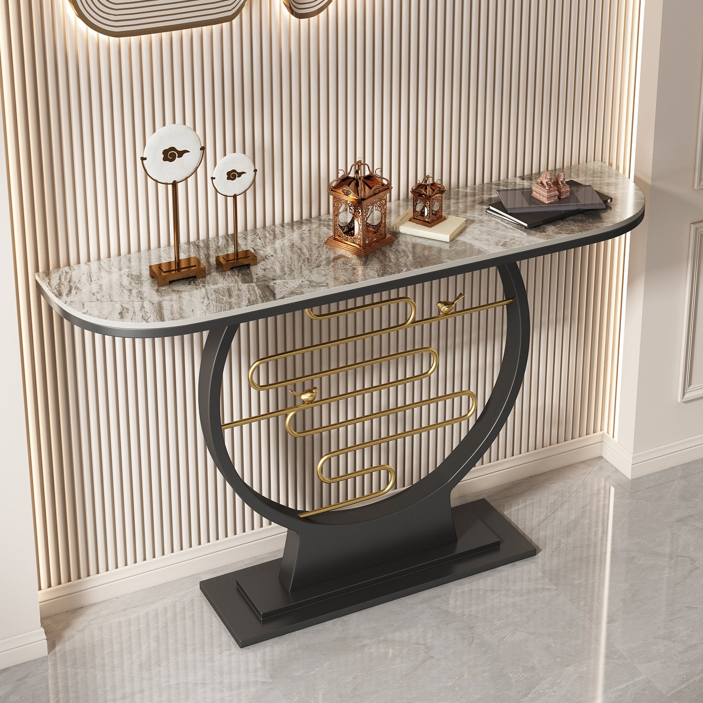 Glam Console Accent Table Antique Finish Sofa Console Table in Stone